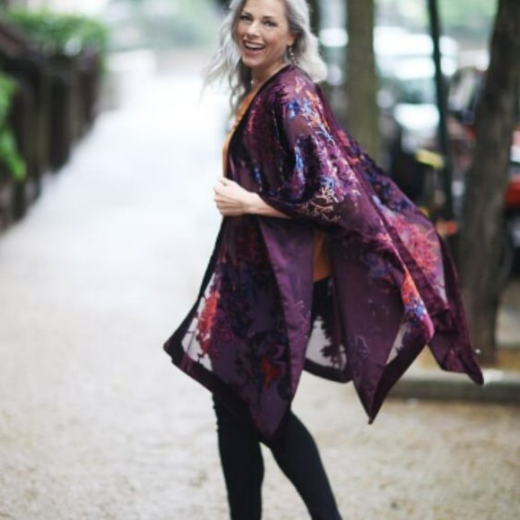 Burgundy Wine Velvet Kimono, Semi Sheer, Burn out, Roses, Flowers, Cover - Picture 1 of 7